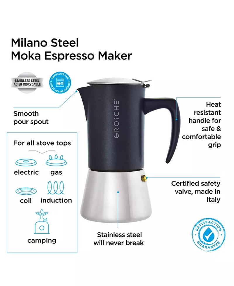 Milano Steel Stainless Steel Stovetop Espresso Maker Moka Pot 6 Espresso Cup Size 10 Oz