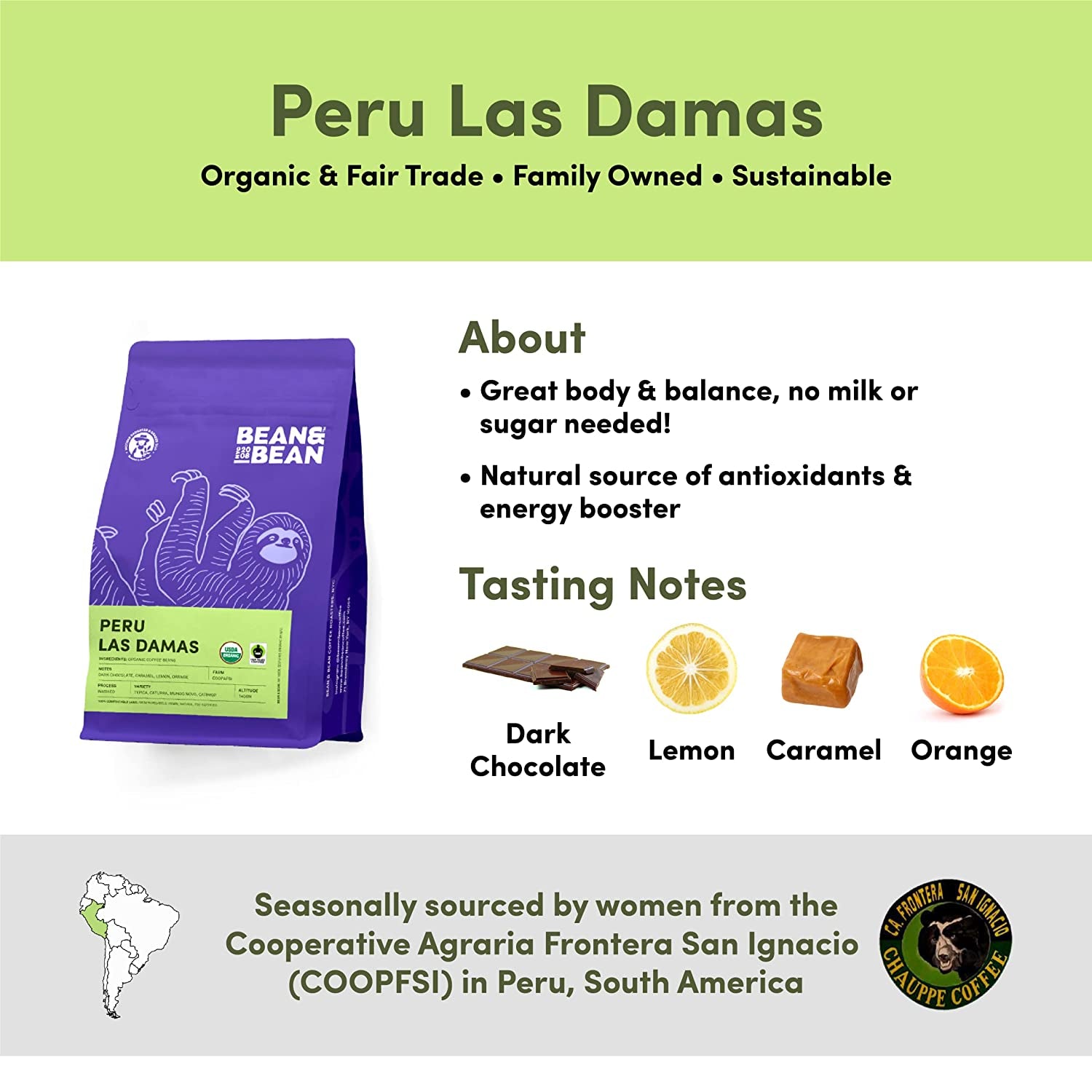 Bean & Bean Peru Las Damas Single Origin Coffee – Peruvian Organic Whole Coffee Beans – Velvety Caramel Coffee – Fair Trade Peruvian Coffee - Sweet, Smooth and Complex Whole Medium Roast, 11Oz