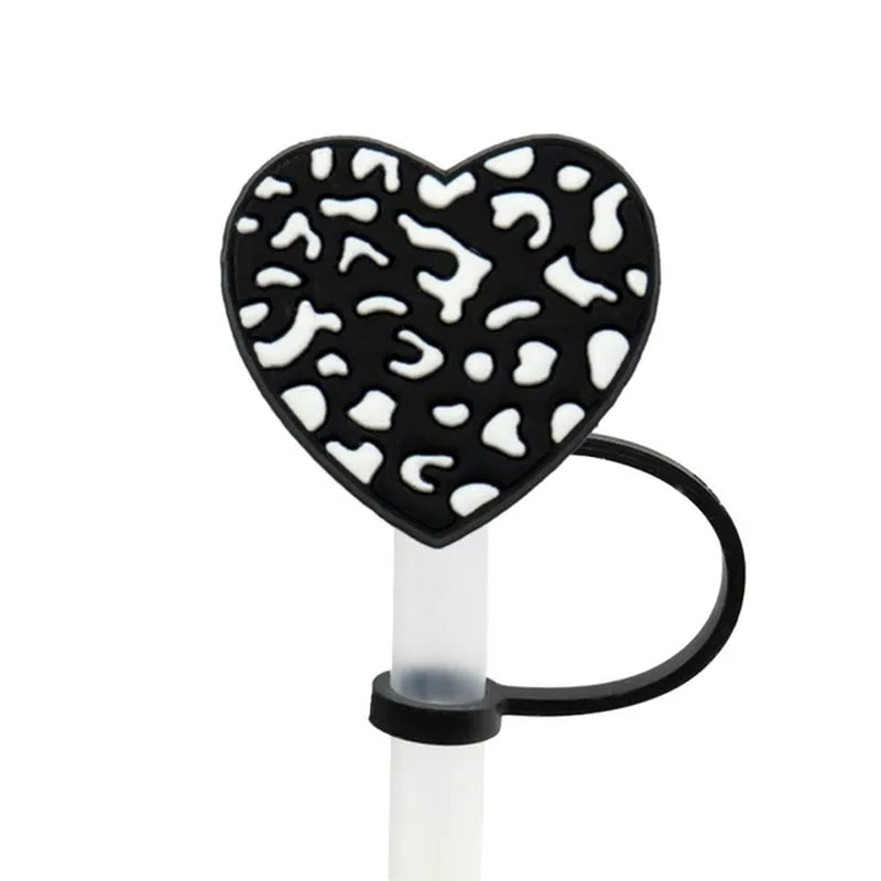 2Pcs Dustproof Leopard Print Heart Straws Tips Reusable Splash Proof Rainbows Straw Toppers Silicone Straw Cap Valentines Day