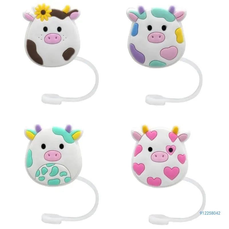 4 Pcs Reusable Silicone Straw Covers Cap Cartoon Cow Straw Toppers Dustproof Drinking Straw Tip Lids for Drop Shipping