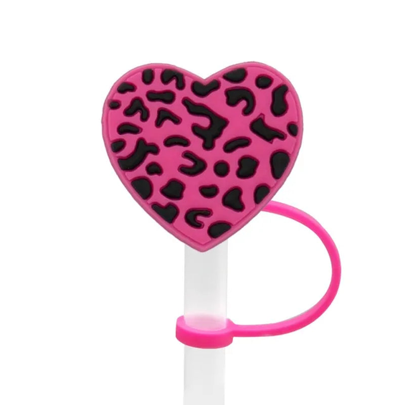 2Pcs Dustproof Leopard Print Heart Straws Tips Reusable Splash Proof Rainbows Straw Toppers Silicone Straw Cap Valentines Day