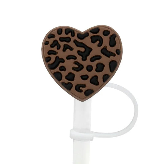 2Pcs Dustproof Leopard Print Heart Straws Tips Reusable Splash Proof Rainbows Straw Toppers Silicone Straw Cap Valentines Day