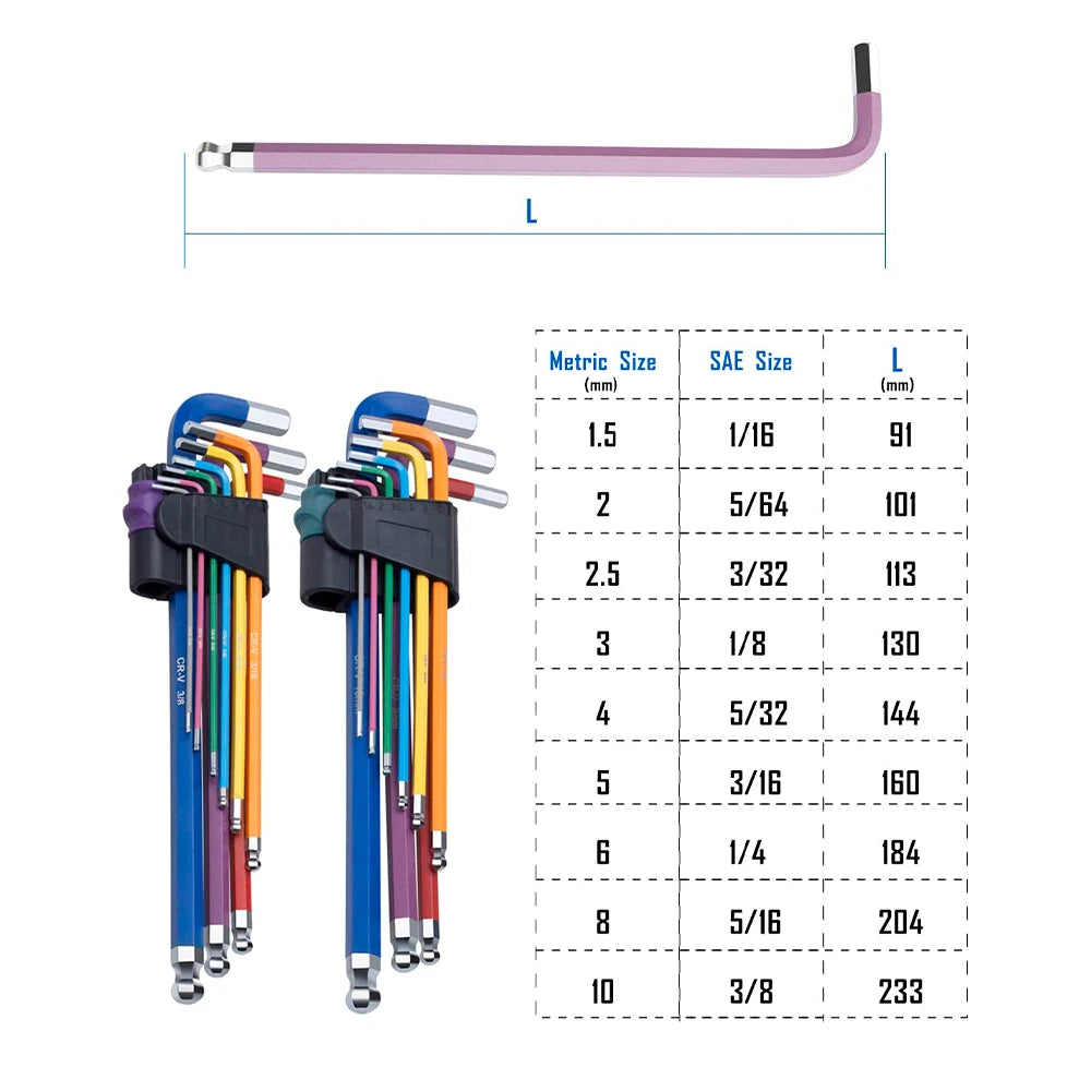 Hex Keys Set, 9PCS Allen Key Set Metric Extra Long Ball End Hex Key Set with Colour Coding with T-Handle 1.5Mm-10Mm