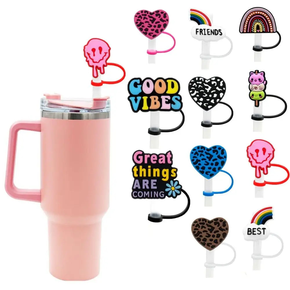 2Pcs Dustproof Leopard Print Heart Straws Tips Reusable Splash Proof Rainbows Straw Toppers Silicone Straw Cap Valentines Day