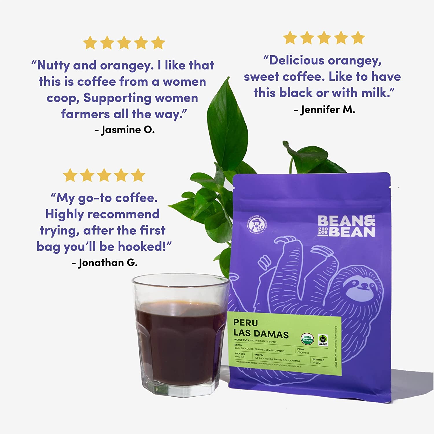 Bean & Bean Peru Las Damas Single Origin Coffee – Peruvian Organic Whole Coffee Beans – Velvety Caramel Coffee – Fair Trade Peruvian Coffee - Sweet, Smooth and Complex Whole Medium Roast, 11Oz