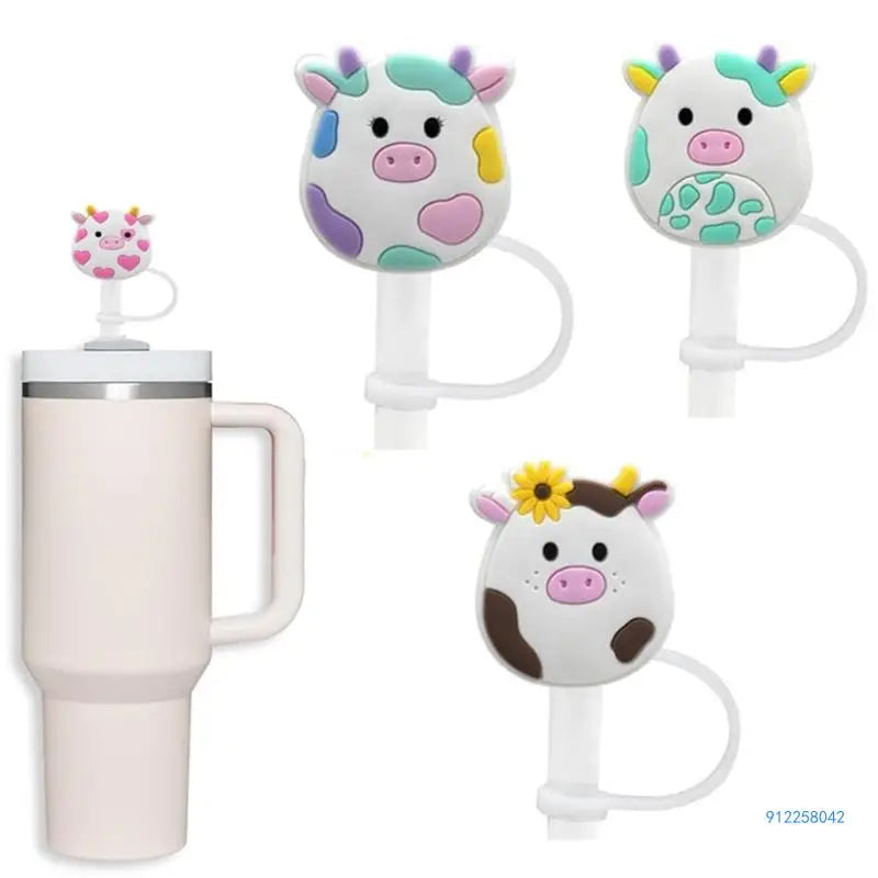 4 Pcs Reusable Silicone Straw Covers Cap Cartoon Cow Straw Toppers Dustproof Drinking Straw Tip Lids for Drop Shipping